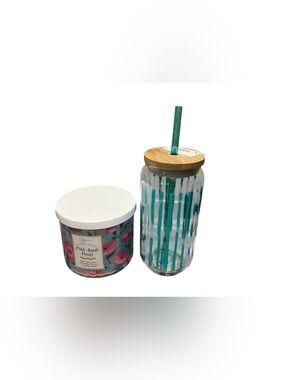 NEW Pink Apple Peony Candle & Acrylic Tumbler Teal 19oz